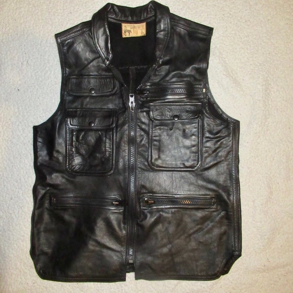 Men's NYC Tino Trevino Leather Den Black Leather Zip-Front Shirt Vest Size L